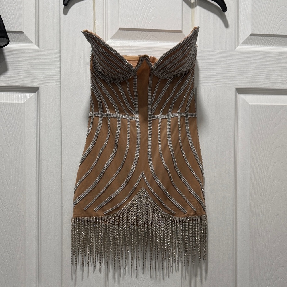 Beige and Silver Beaded Strapless Dress